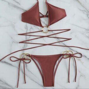 NEW WOMEN SWIMSUIT BIKINI Ring LINKED HALTER 2 Pieces BROWN